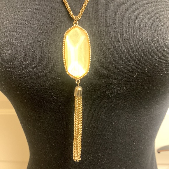 Necklace, Gold chain with light golden center piece with gold tassel, Length 28” - Picture 2 of 7